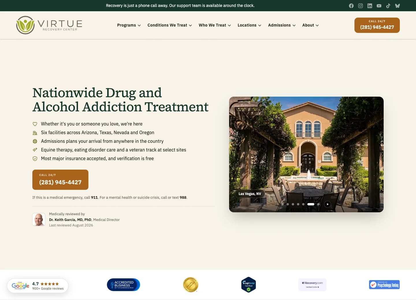 Virtue Recovery Center homepage